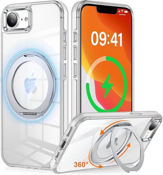 iPhone16e 用 ケース 多機能360度回転スタンド 縦横両用 MagSafe対応 OURJOY 16e クリア リング カバー 軽量 米軍規格 耐衝撃【ホワイト】