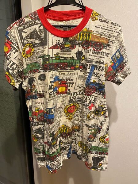 ビンテージ 70s80s90s 5050ボディ機関車総柄リンガーTシャツ 紙タグ