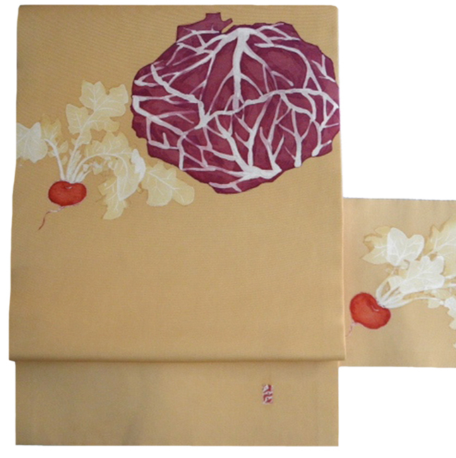 開き名古屋帯 秀品 紬地 負う 草花 蘇州刺繍 薄茶色 正絹 【中古】