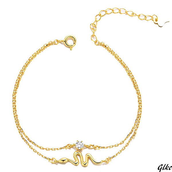 【蛇モチーフのアクセントにより、個性的な美しさをプラス】2連ブレスレット シルバー925素材 ジュエリーボックス付き ゴールド