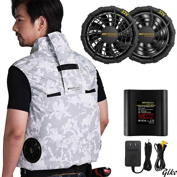 【32V超強力冷風ベスト|高性能ファン&UV対策】 ホワイトカモフラージュ 3L 空調ベスト 夏用冷却ベスト 熱中症対策 冷風服