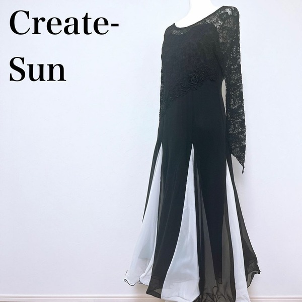 ■ Create-Sun クリエイト サン ロング ドレス 花 レース サイズ L 黒 ブラック 白 ホワイト レディース 社交ダンス