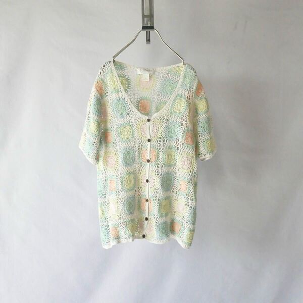 Pastel color cotton ramie granny square crochet knit cardigan パステルカラー 鍵編み 半袖ニットカーディガン グラニークスエア
