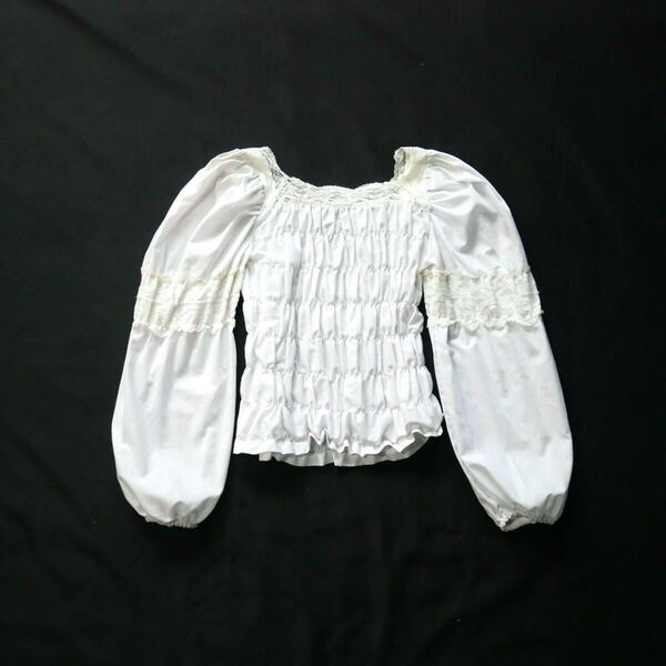 80s vintage white cotton shirring tops 80年代 ヴィンテージ 白 ガーゼ シャーリングトップス USA アメリカ 古着 長袖 レース