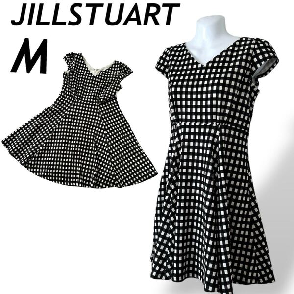 JILL STUART ジルスチュアート レディース 膝丈ワンピース M フレンチ Aライン 125-140378 チェック ブラック×ホワイト系 (D041)★