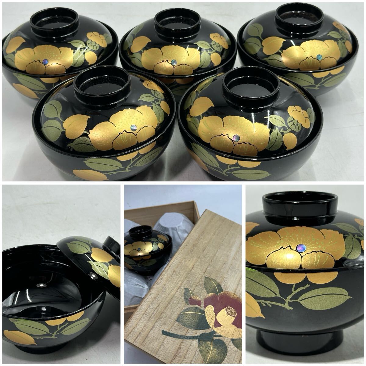 会津塗 特選漆器 御吸物椀 耕造作 蓋付 5客 共箱付 和食器 汁椀