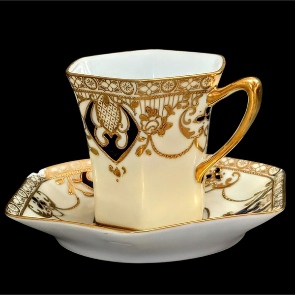 オールドノリタケ 金彩蒼色金盛連鎖図紋ヘキサゴンキャビネット カップ&ソーサー