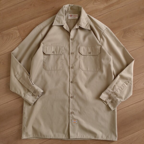 Dickies ワークシャツ/長袖/ベージュ/古着/MEN'S M【J566】