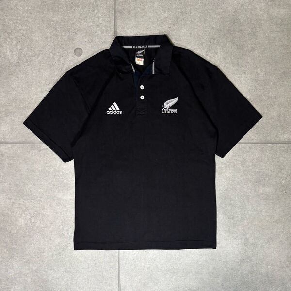 adidas ALL BLACKS ラガーシャツ 刺繍 ニュージーランド 万国旗タグ アディダス オールブラックス ポロシャツ 90s ブラック L