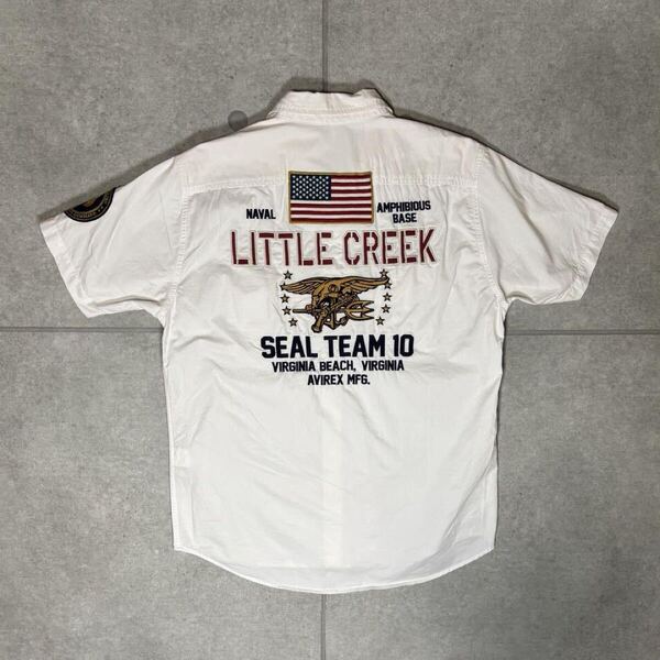 AVIREX ミリタリーシャツ 半袖 SEAL Team 10 全面刺繍 ワークシャツ アヴィレックス PATCHED MIL SHIRT Little Creek ホワイト XL