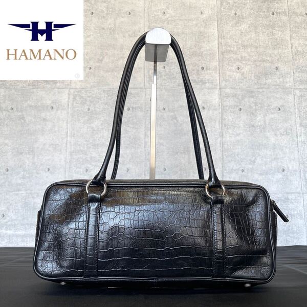 HAMANO ハマノ 定価約52,800円 濱野皮革工藝 クロコ型押し レジェクロコ ブラック 黒 ハンド トート サイドボストン レザー シルバー金具