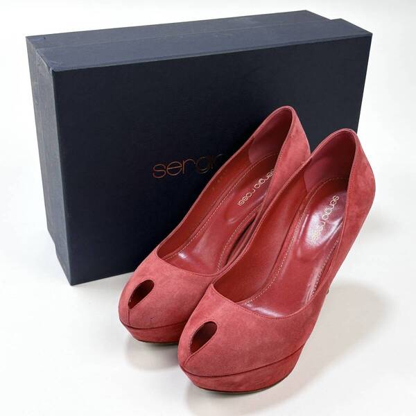 美品 sergio rossi / セルジオロッシ カシェ ピープトゥ スエードパンプス 9810 37.5 レッド オープントゥ プラットフォーム SSM4894