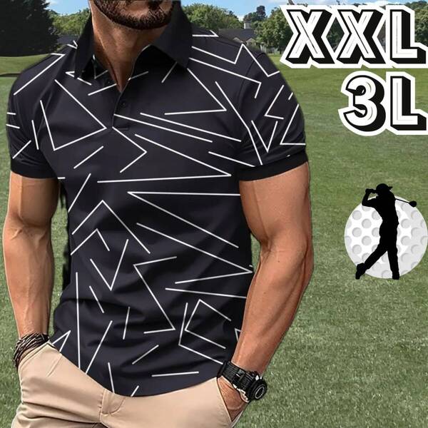 メンズ ゴルフウェア ポロシャツ 春夏 半袖 シャツ ブラック 黒 ホワイト 白 春 夏 モノトーン★大きい サイズ XXL 3L 2XL★スポーツウェア