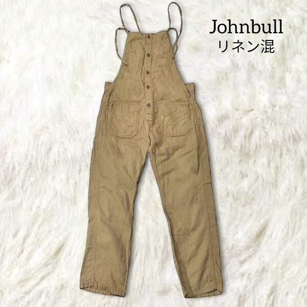 59 【JOHNBULL】 ジョンブル 麻混 リネン混 サロペットパンツ オーバーオール ボトムス M ベージュ 春夏 レイヤード れレディース