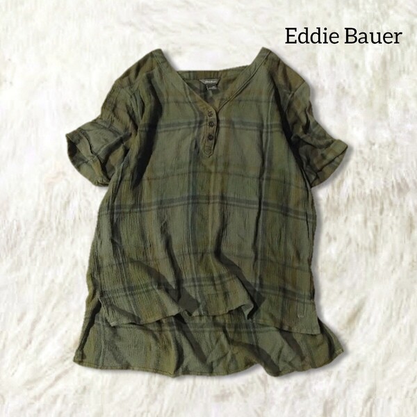 59 【Eddie Bauer】 エディーバウアー 半袖 シャツ ブラウス トップス S カーキ グリーン チェック 春夏 レーヨン ハーフボタン レディース