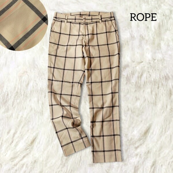 64 【ROPE】 ロペ ストレッチ パンツ ボトムス スラックス 38 M ベージュ チェック柄 総柄 伸縮性あり レディース