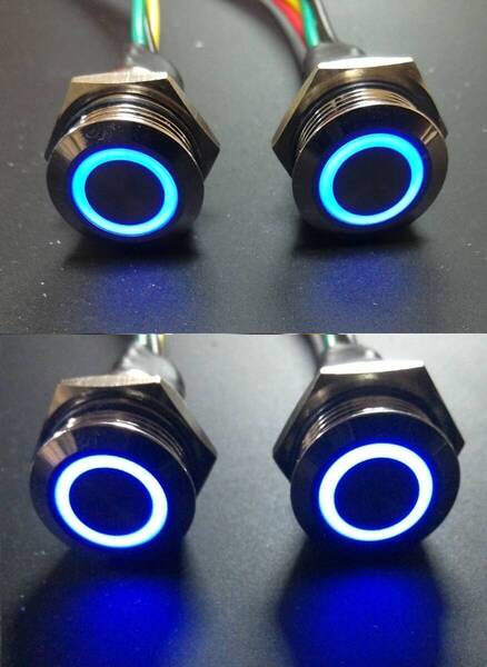 2個セット Φ16mm リングLED(青)モーメンタリスイッチ 配線加工済みスイッチ ポチガー ウチガー 自作等に