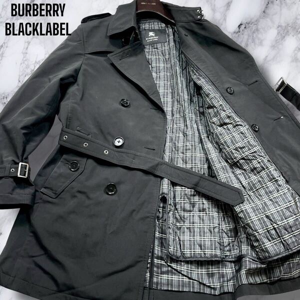 希少L/美品◎バーバリーブラックレーベル トレンチコート ライナー付き ノバチェック ベルト 中綿 メンズ 黒 BURBERRY BLACKLABEL