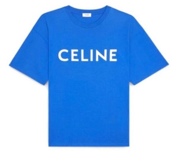 正規 21SS CELINE セリーヌ Hedi Slimane エディスリマン ロゴ プリント クルーネック Tシャツ 青 M 2X681501F