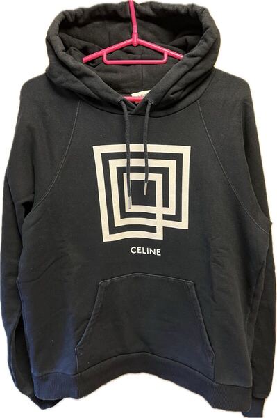 正規 20SS CELINE セリーヌ Hedi Slimane エディスリマン ラビリンス スクウェア ロゴ プルオーバー フーディー パーカー 黒 L 2Y006612G
