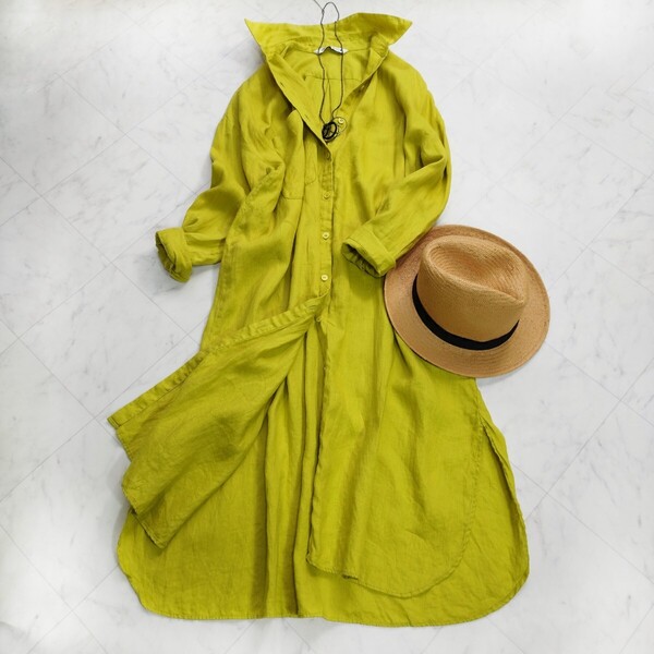 美品 ザラ ZARA リネン100% きれい色ゆったり オーバーサイズ シャツワンピース イエロー Lサイズ相当