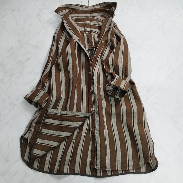 極美品 アントリリー aunt lily ZelalSportsフレンチリネン バックタック ロングシャツ 長袖 リネンシャツ 羽織り ストライプ
