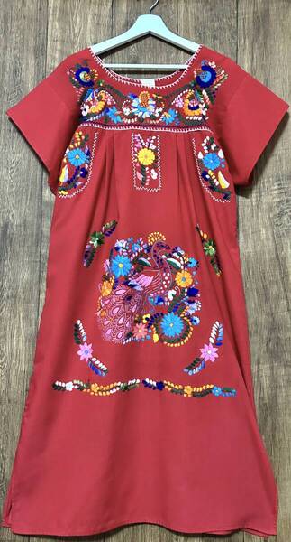 メキシカン ワンピース 花 鳥 刺繍 手刺繍 ヴィンテージ エスニック ヒッピー カラフル 赤 メキシコ vintage 古着/club723 クラブ723(N642)