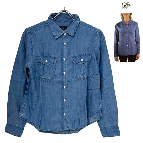 新品 L ★ コストコ JACHS GIRLFRIEND レディース テンセル 長袖 シャツ ミディアムウォッシュ デニム風 ブルー リヨセル ブラウス