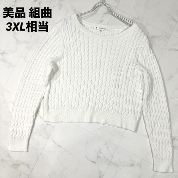 【美品3XL相当】組曲 KUMIKYOKU ケーブルニット 長袖 大きいサイズ セーター 銀ボタン