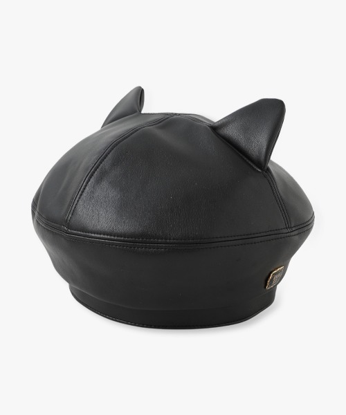 新品タグ付き【ANNA SUI アナスイ】猫耳付き フェイクレザー ベレー帽 黒 M-S(57.5-56) 調節可 v6166-2212