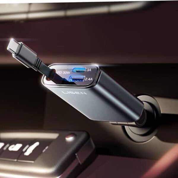 LISEN シガーソケット USB & USB-C 巻き取り式充電ケーブル 車 充電器 【57W 急速充電 3台同時に充電