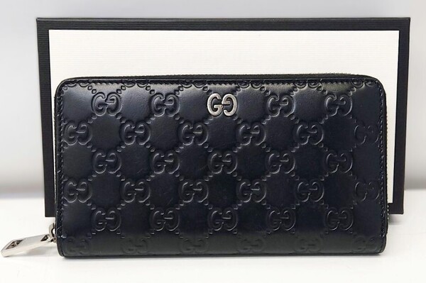 【良品】GUCCI グッチ シマ GGパターン ラウンドファスナー 長財布 ブラック【送料無料】