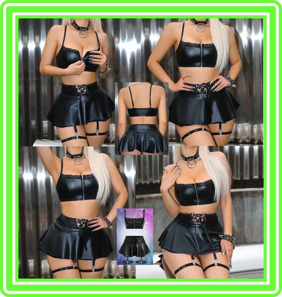 ★超素敵★フェイクレザー★ミニスカ★コスチュームセット★ガーターデザイン★レッグリング★ジッパーデザイン★J93W