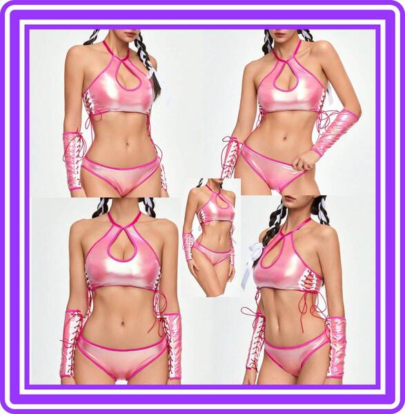 ★超素敵★光沢ピンク★コスチューム★アームスリーブ★編み込みデザイン★大人可愛いくSexy★I30W