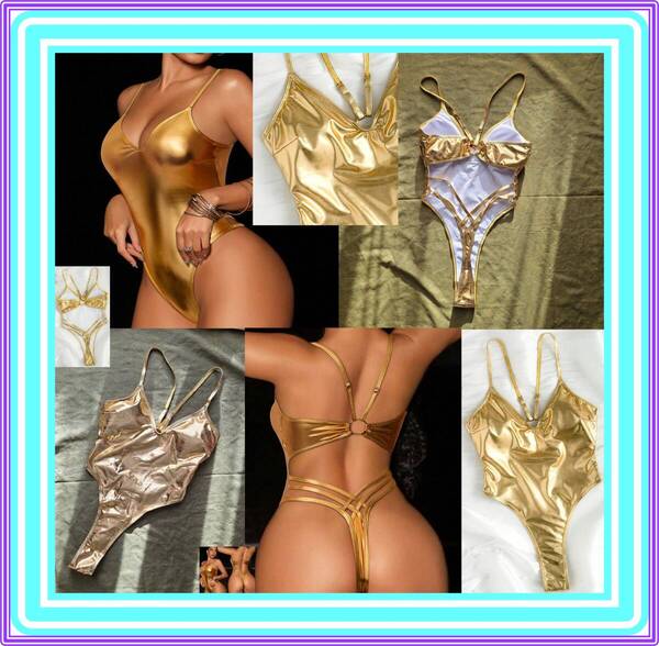★超素敵★GOLD★ワンピース水着★Tバック★大人Sexy★バックシルエットが超キュート★パッド付★ハイレグ★B166W