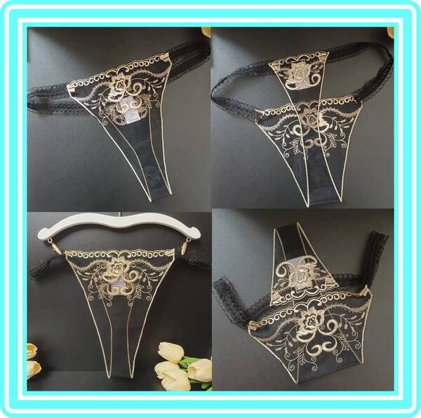 ★超素敵★メッシュ★超シースルー★刺繍★Tバック★レース★ブラック★ゴールド★GOLD★大人Sexy★C85