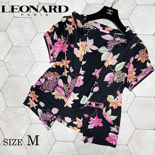 ◆イタリア製 レオナール【LEONARD LINGERIE】世界で最も美しいフラワープリント 極上の着心地の半袖パーカー 黒 M◆