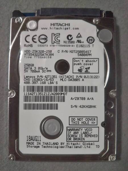 250GB HITACHI HTS543225A7A384 2.5インチ 7mm SATA ①