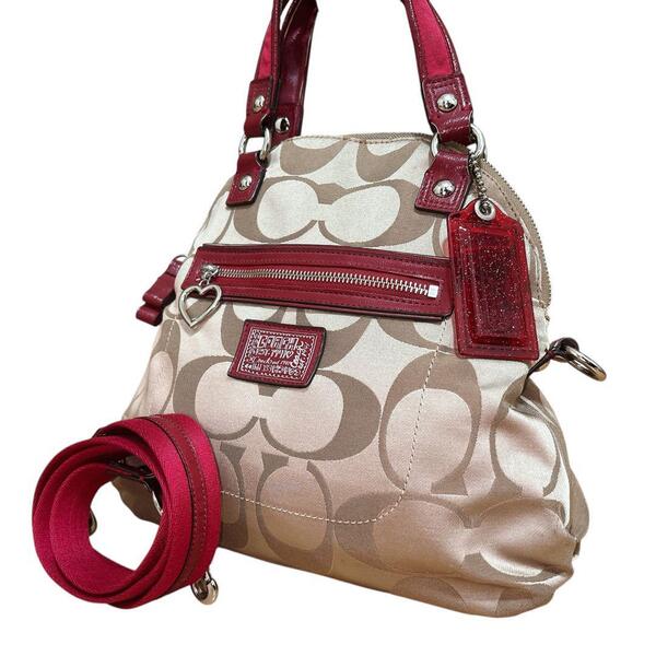 美品 COACH コーチ 2way ポピー POPPY シグネチャー ショルダーバッグ トートバッグ F21713 斜め掛け可能 キャンバス ベージュ×レッド