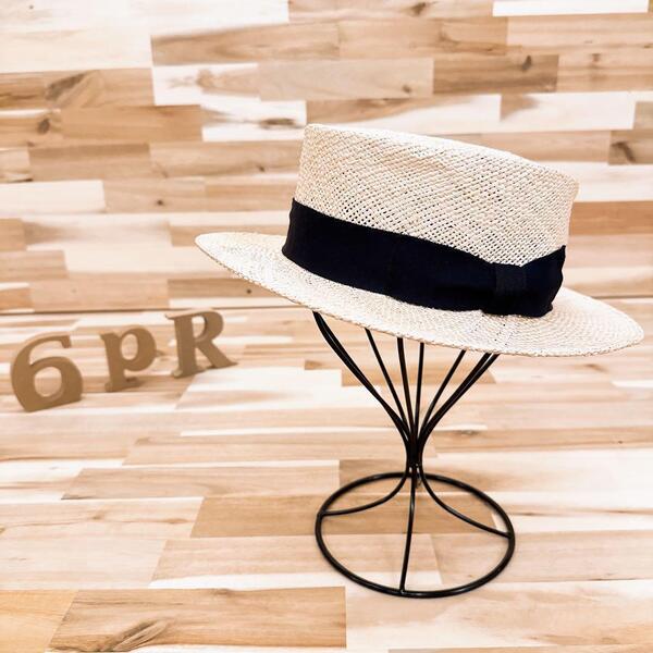 春夏【カシラ】リボン カンカン帽 ストローハット 天然素材 M ベージュ×黒【HFby6PR】レディース・帽子・春夏【6JT2】