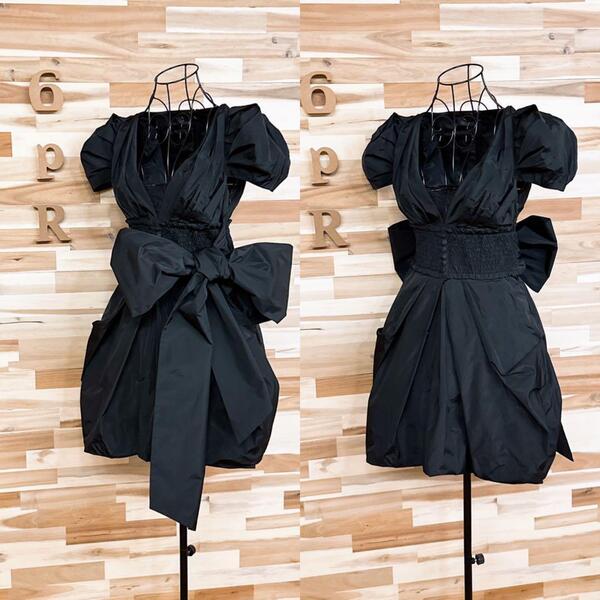 【ソブ】レース ミニ ドレス ワンピース バルーンスカート ビッグ リボン 黒【HFby6PR】レディース・洋服・春夏・秋冬【4ZZV】