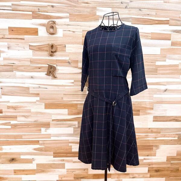 【メゾンキツネ】コットン100% チェック柄 フレア ワンピース S相当 紺×赤【HFby6PR】レディース・洋服・春夏・秋冬【3K9K】