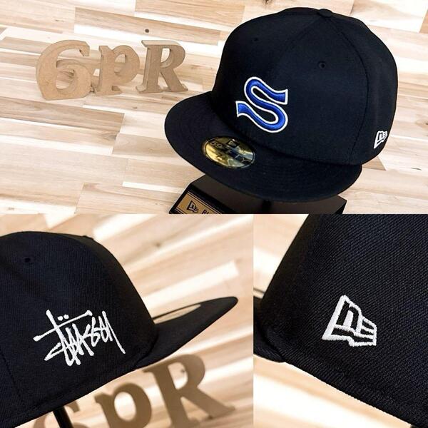 激レア【ニューエラ×ステューシー】 限定コラボ ブルー Sロゴ キャップ 黒×青【HFby6PR】メンズ・帽子・春夏・秋冬【2ISA】