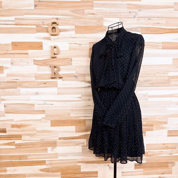 【ザラ】タイ付き 透け感シアー ドット柄 プリーツ ワンピース XS 黒×白【HFby6PR】レディース・洋服・春夏【6M9A】