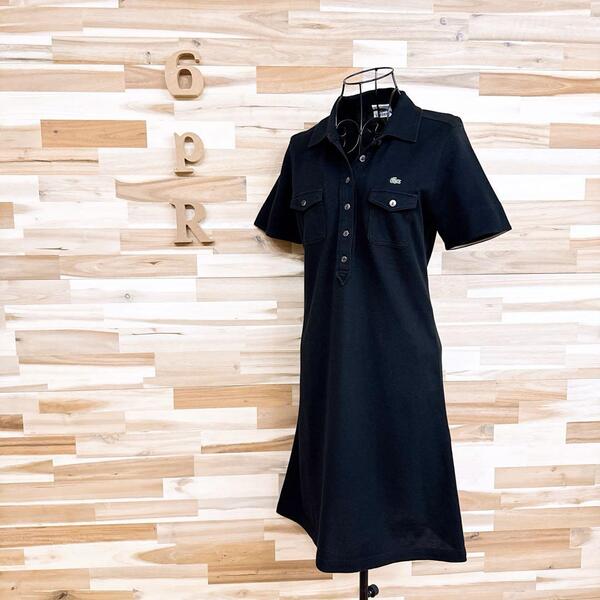 【ラコステ】ロールアップ ポロシャツ ワンピース ポロワンピ 刺繍ロゴ 黒×白【HFby6PR】レディース・洋服・春夏【1RBB】