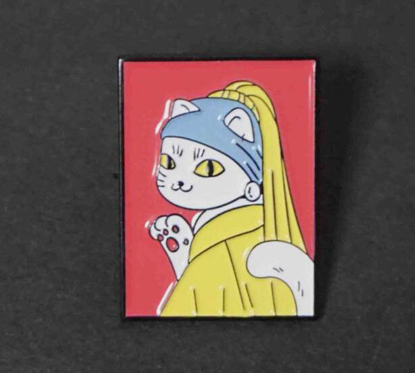 《絵画風FR美形長髪白猫》■■■新品■『ネコ 猫 絵画 真珠 耳飾りの少女』 ■ピンバッジ バッチ
