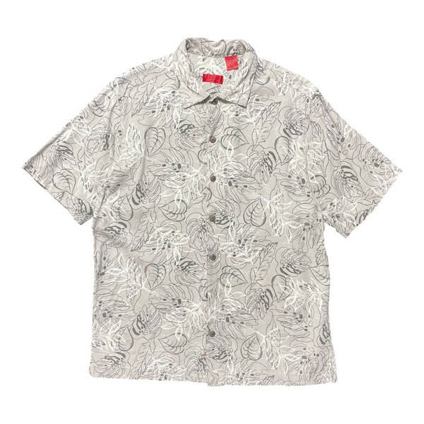 USA 古着 IZOD GOLF アロハシャツ ハワイアンシャツ シルク/レーヨン リーフ柄 ジャガード グレー メンズM BF2561