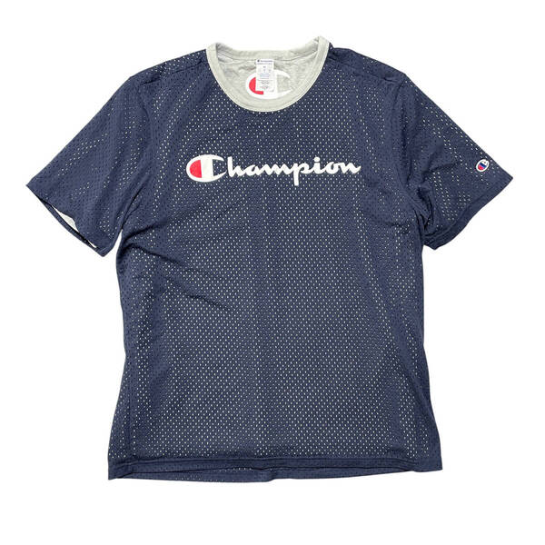 USA 古着 チャンピオン Champion メッシュ Tシャツ ロゴ プリント ネイビー メンズXL クルーネック 紺色 BA3581