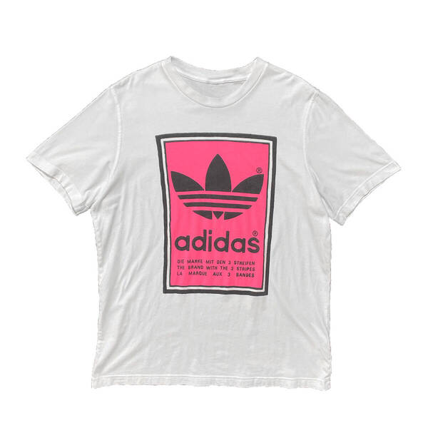 古着 adidas アディダス スリーストライプ ピンク ボックスロゴ クルーネック Tシャツ ホワイト メンズL相当 スポーツ BA3585