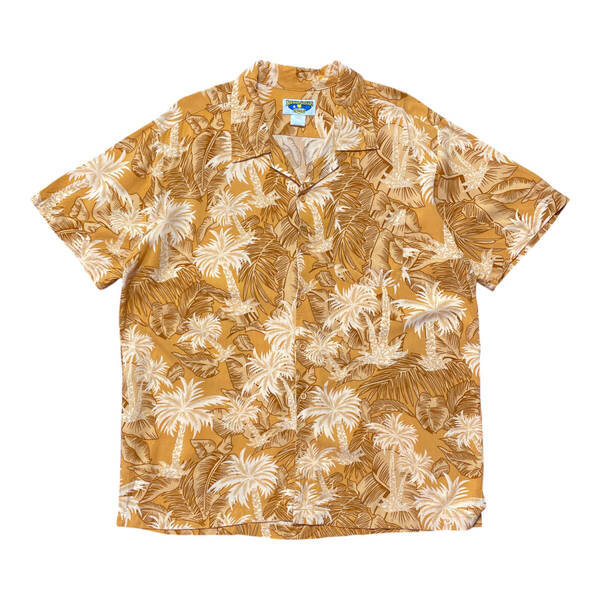 USA 古着 BERMUDA CASUALS アロハシャツ ハワイアンシャツ レーヨン 開襟 オレンジ リーフ柄 ヤシの木 メンズXL BF2645
